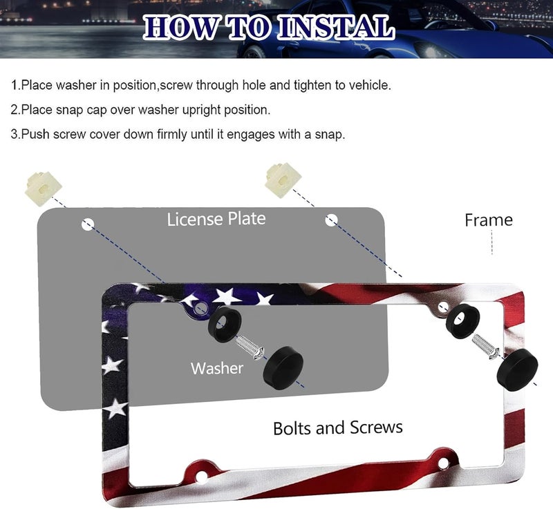 LIN KANG American Flag License Plate Frame Holder - 2 Pack Patriotic Universal Aluminum Matte Stripe US Flag Gloss Car Plate Frame Covers with 4 Holes and Screws Fasteners Caps - Image 4